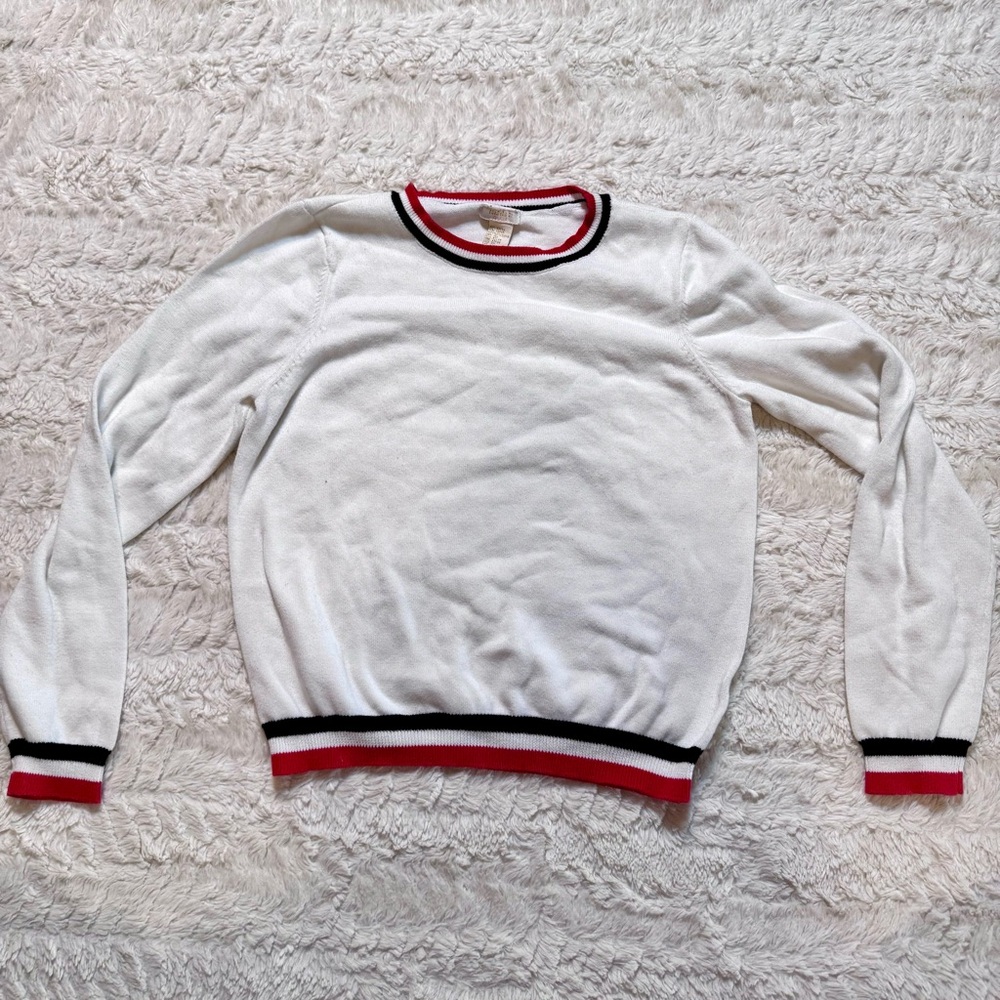 White preppy kids  Varsity Striped Sweater with navy and red stripes Size 13/14